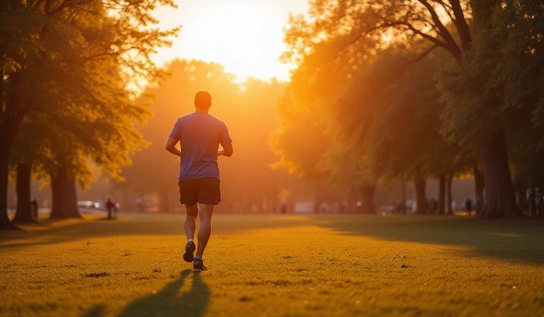 Mężczyzna uprawiający jogging w parku o wschodzie słońca, symbolizujący zdrowy styl życia.