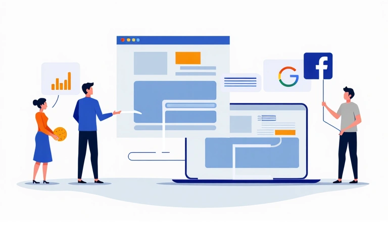 Rysunek przedstawiający interakcję między użytkownikiem, stroną internetową i stronami trzecimi (np. Google Analytics, Facebook), symbolizujący pliki cookie stron trzecich.